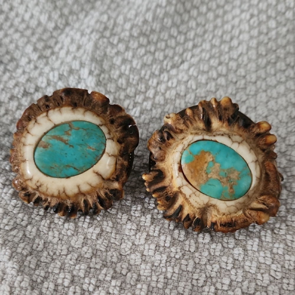 ANTIQUE Turquoise HORSE BRIDLE ROSETTE PAIR! ELK ANTLER!
